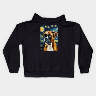 Boxer Dog Breed Painting in a Van Gogh Starry Night Art Style Kids Hoodie